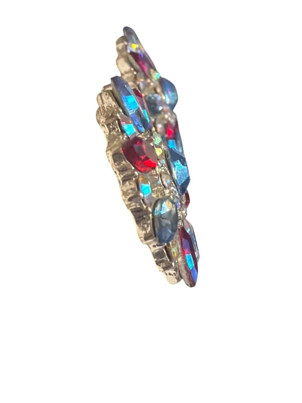Silver Tone Round Earrings Openwork Clear Blue Red Aurora Borealis Rhinestones